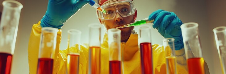 Aufkleber - A scientist conducts experiments with colorful liquids in test tubes.