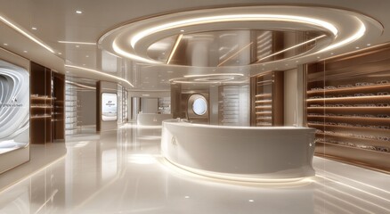 Aufkleber - Modern, sleek interior of a retail space with elegant lighting and display shelves.