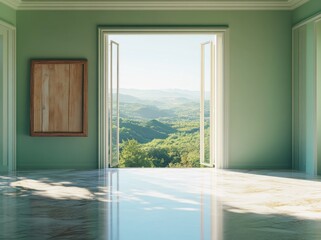 Leinwandbilder - A serene interior with open windows revealing a lush landscape beyond.