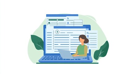 Poster - A person working on a laptop surrounded by documents and spreadsheets.
