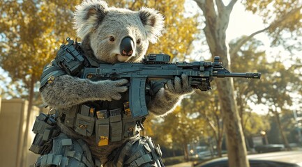 Poster - A koala in tactical gear holding a rifle in a vibrant outdoor setting.