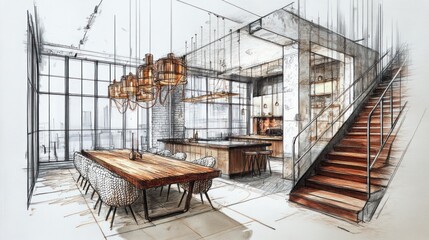 Aufkleber - A modern kitchen and dining area sketch with elegant design elements and spacious layout.