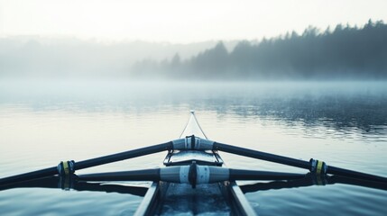 Wall Mural - A rowing shell with a focus on the oarlocks and calm water, outdoor setting with morning fog, Tranquil style