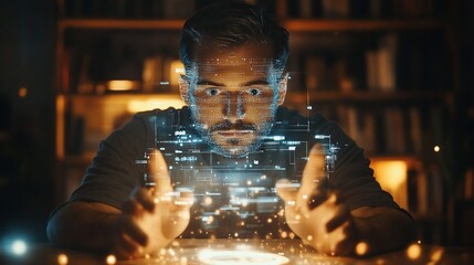 Wall Mural - Man interacts with futuristic holographic interface.