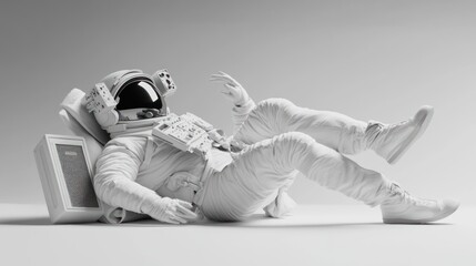 Poster - A monochrome astronaut reclines against a retro computer, embodying a futuristic concept.