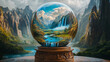 © PrimeStockGallery  - An artistic sphere on a polished wooden base, showcasing an inspiring view of rugged mountain terrains