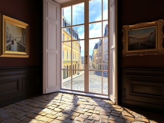 Aufkleber - A sunlit room with large windows showcasing a cobblestone street and framed paintings.