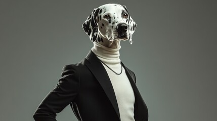 Leinwandbilder - A surreal image of a person in a suit with a Dalmatian dog's head.