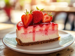 Wall Mural - Stock photo, a strawberry cheesecake lies in a plate 