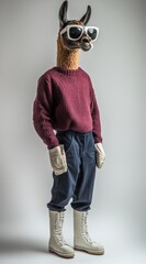 Leinwandbilder - A whimsical mannequin dressed in a sweater, pants, and boots, with a llama head and sunglasses.