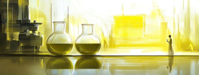 Poster - A laboratory scene with two flasks containing yellow liquid and a figure in a white coat.