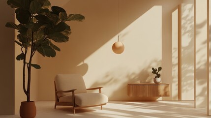 Aufkleber - A serene interior featuring a chair, plant, and soft lighting creating a calming atmosphere.