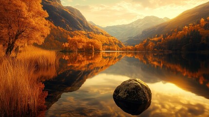 Poster - A serene autumn landscape with vibrant foliage reflected in a calm lake at sunset.