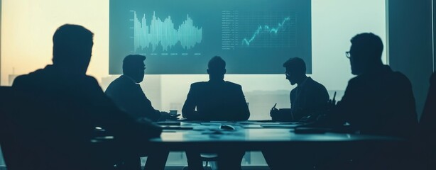 Aufkleber - A business meeting with silhouettes discussing financial data displayed on a screen.