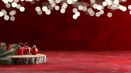 Poster - A festive holiday scene featuring red decorations, gifts, and a wooden slice, set against a warm, blurred bokeh background.