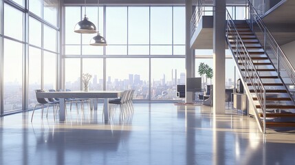 Aufkleber - Modern office space with large windows, a dining area, and a staircase overlooking a cityscape.