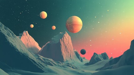 Wall Mural - Dreamy Pastel Landscape of Mountains and Planets in the Cosmos