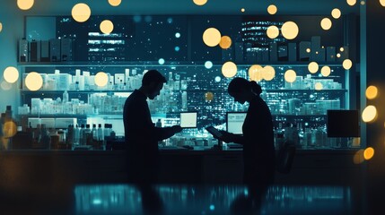 Poster - Two silhouettes in a lab, engaged with digital devices amidst a backdrop of scientific equipment.