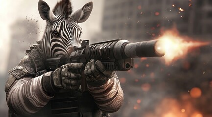 Poster - A zebra-headed figure in tactical gear aims a weapon amidst a chaotic urban backdrop.