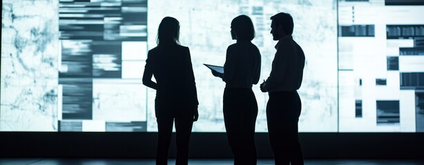 Aufkleber - Three professionals observing data visualizations on a large screen.