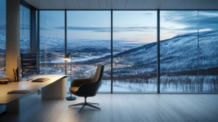 Leinwandbilder - Modern office with a stunning snowy mountain view through large glass windows.