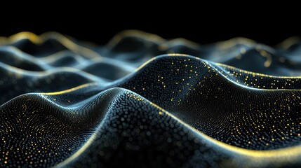 Fototapete - Abstract representation of waves with glowing particles on a dark background.