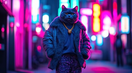 Leinwandbilder - A stylized cat in urban fashion stands confidently in a neon-lit alley.