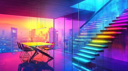 Poster - A vibrant, modern interior featuring colorful lighting and a sleek staircase.