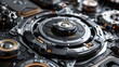 © Waraporn - Closeup view of an intricate machinery mechanism featuring a complex arrangement of metallic components microchips and electronic circuits