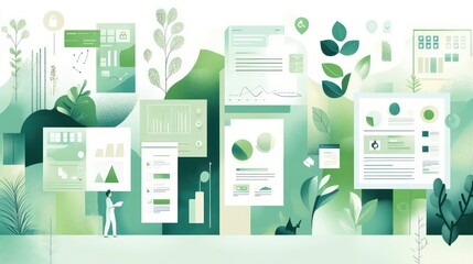 Aufkleber - A vibrant illustration depicting data and analytics with green-themed visuals and nature elements.