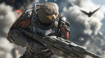 Poster - A futuristic eagle in armored gear, wielding a weapon amidst a dramatic background.