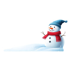 Canvas Print - Cheerful Snowman with Blue Hat and Red Scarf on Snowy Ground