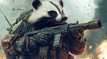 Poster - A panda in military gear holding a firearm amidst an explosive background.