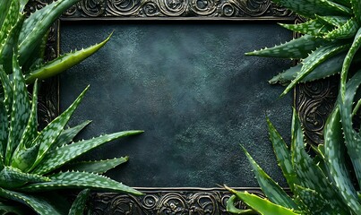 Poster - Aloe Vera Plants Frame Ornate Dark Background