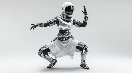 Leinwandbilder - A futuristic humanoid figure in a dynamic pose, combining elements of technology and fashion.