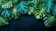 © DARIKA - Futuristic background featuring green and blue neon lights highlighting tropical leaves arranged in layered compositions on a deep black background