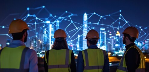 Poster - Four construction workers observe a city skyline with digital connections at night.