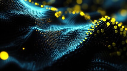 Poster - Abstract digital landscape with glowing particles and a mesh structure.