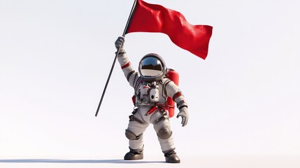 Poster - A small astronaut proudly holds a red flag against a minimalist background.