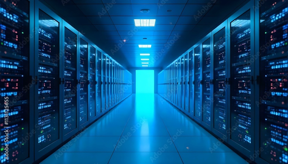 The image depicts the interior of a high-tech data center. Long rows of ...