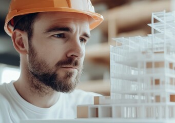 Aufkleber - A focused man in a hard hat examines a scale model of a building.