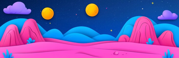 Wall Mural - Planet with rocky surface and lake. Modern cartoon illustration of pink and purple space background, stars in night sky, water puddles in desert on planet Mars.