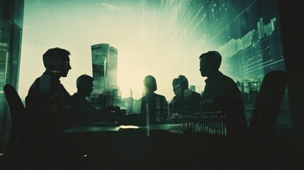 Poster - Silhouetted figures in a meeting, with a cityscape backdrop, suggesting collaboration and strategy.