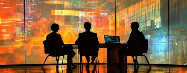 Fototapete - Silhouetted figures in a tech-focused meeting with vibrant digital backgrounds.