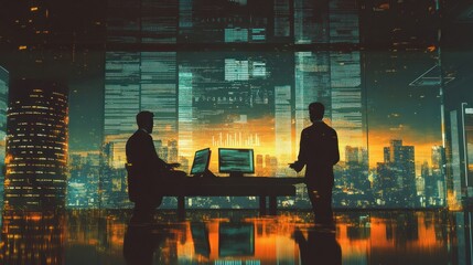 Poster - Silhouetted figures in a modern office against a city skyline at sunset.