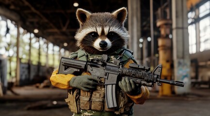 Poster - A raccoon character in military gear holding a rifle in an industrial setting.