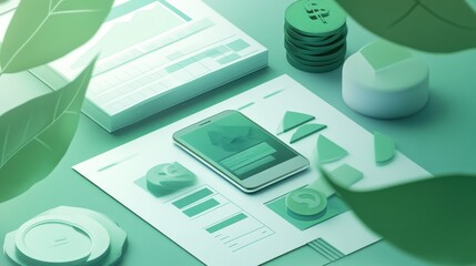 Aufkleber - A modern workspace with digital tools and geometric shapes in green tones.