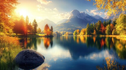 Poster - A serene lake surrounded by mountains and autumn foliage, reflecting vibrant colors at sunset.