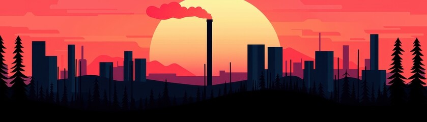 Sticker - A vibrant sunset silhouette over a city skyline with smokestacks and trees, creating a striking contrast between nature and urban development.