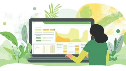 Poster - A person interacts with a data analytics dashboard on a laptop amidst green foliage.